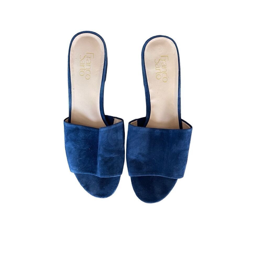 Franco Sartro Womens Blue Block Heel Suede Slip On Slide Sandal Size 9.5